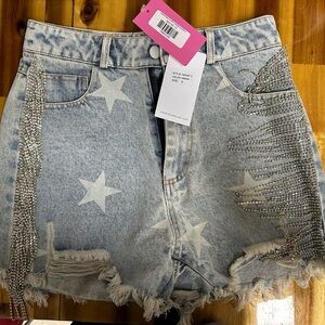 Super cute denim shorts with tassels & star print
